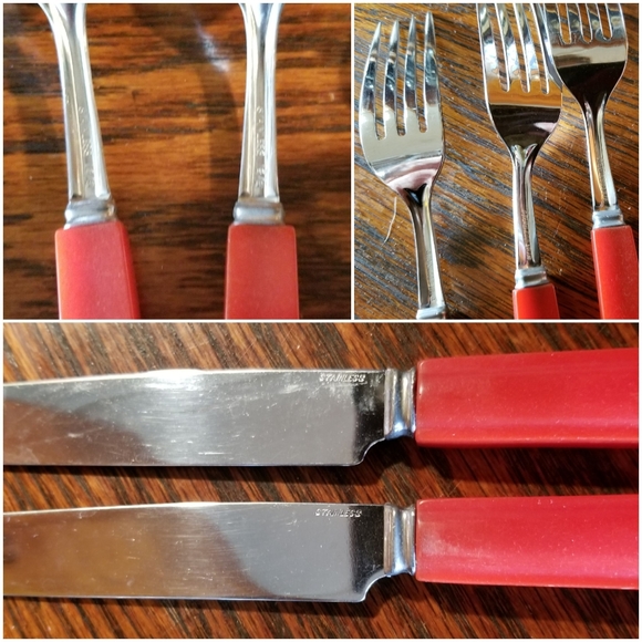 Vtg CARVED cherry red BAKELITE flatware for 4 - Picture 4 of 5